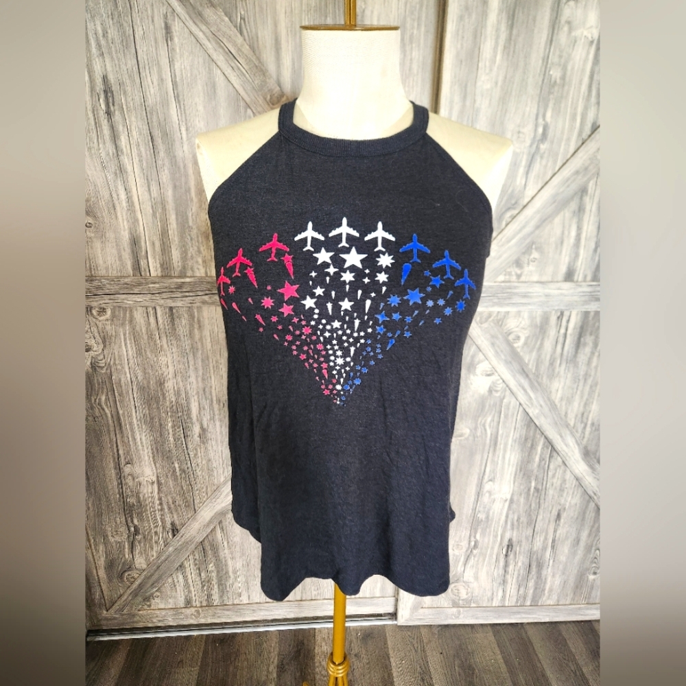 District Blue and Pink Sleeveless Tank Top with Graphic Design